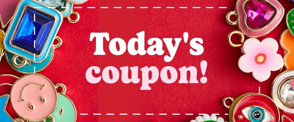 today's coupon in white and pink letters on red background with charms